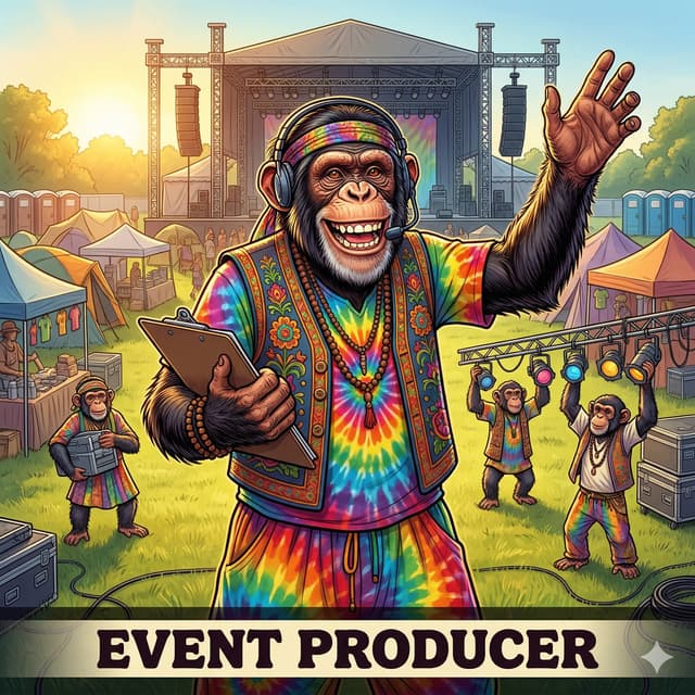Chimpanzee directing festival setup on outdoor grounds