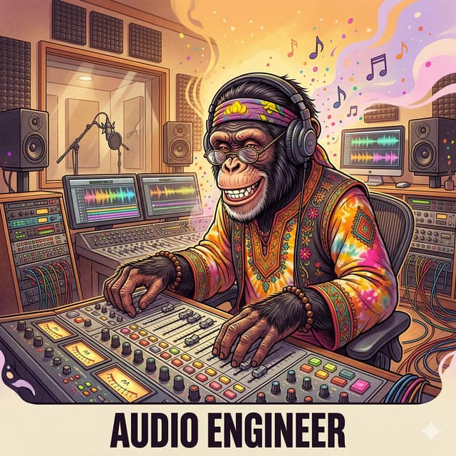 Chimpanzee at mixing console in recording studio