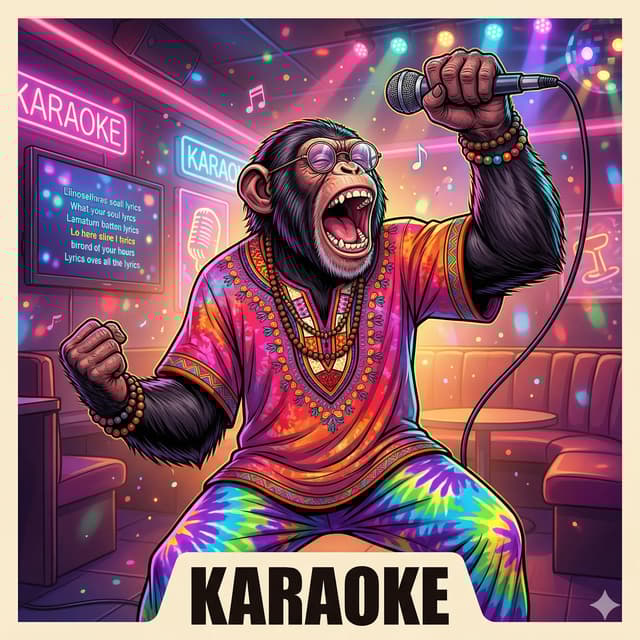 Chimpanzee belting into microphone at neon karaoke lounge