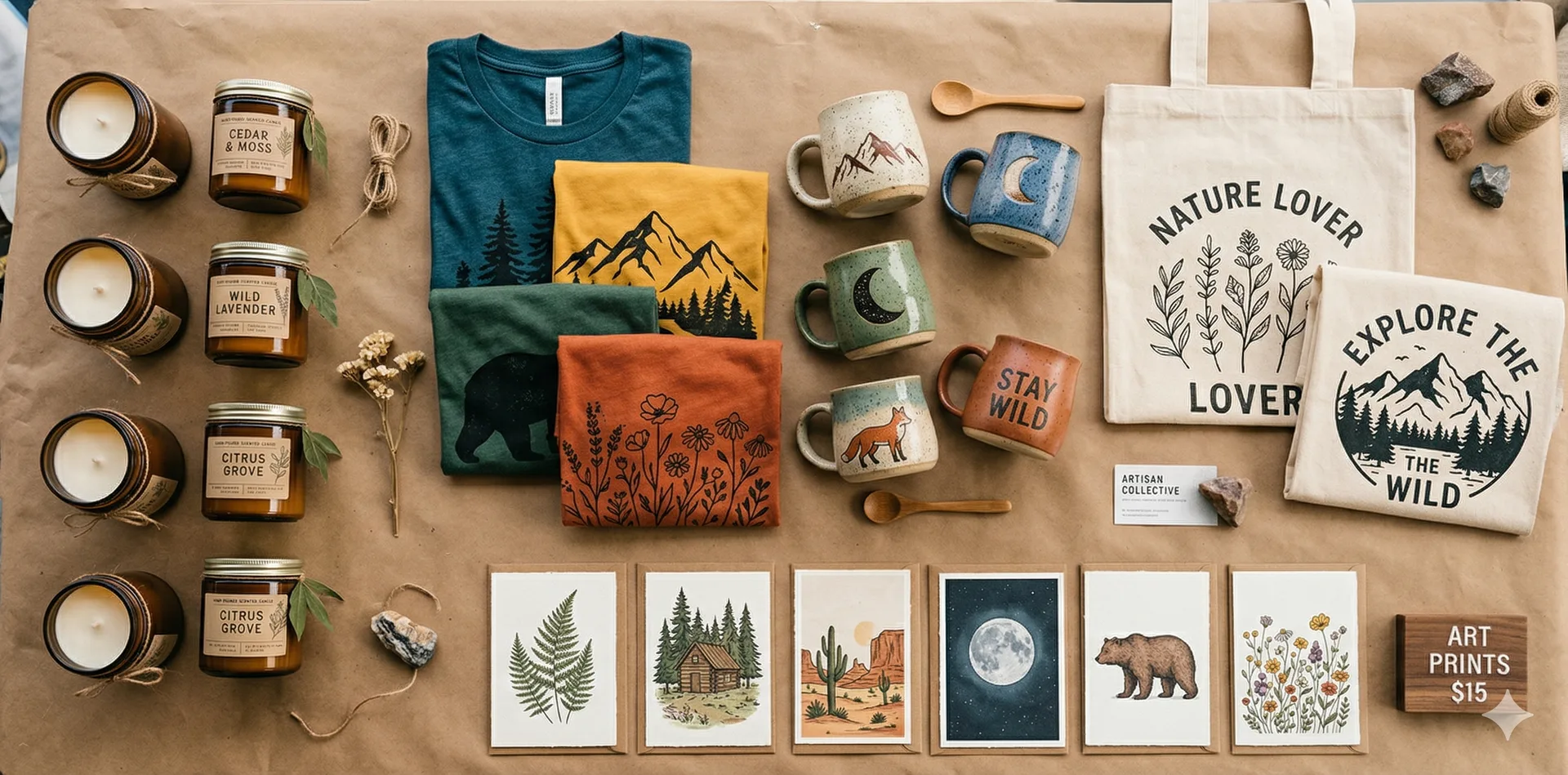Artisan products including candles, shirts, and mugs